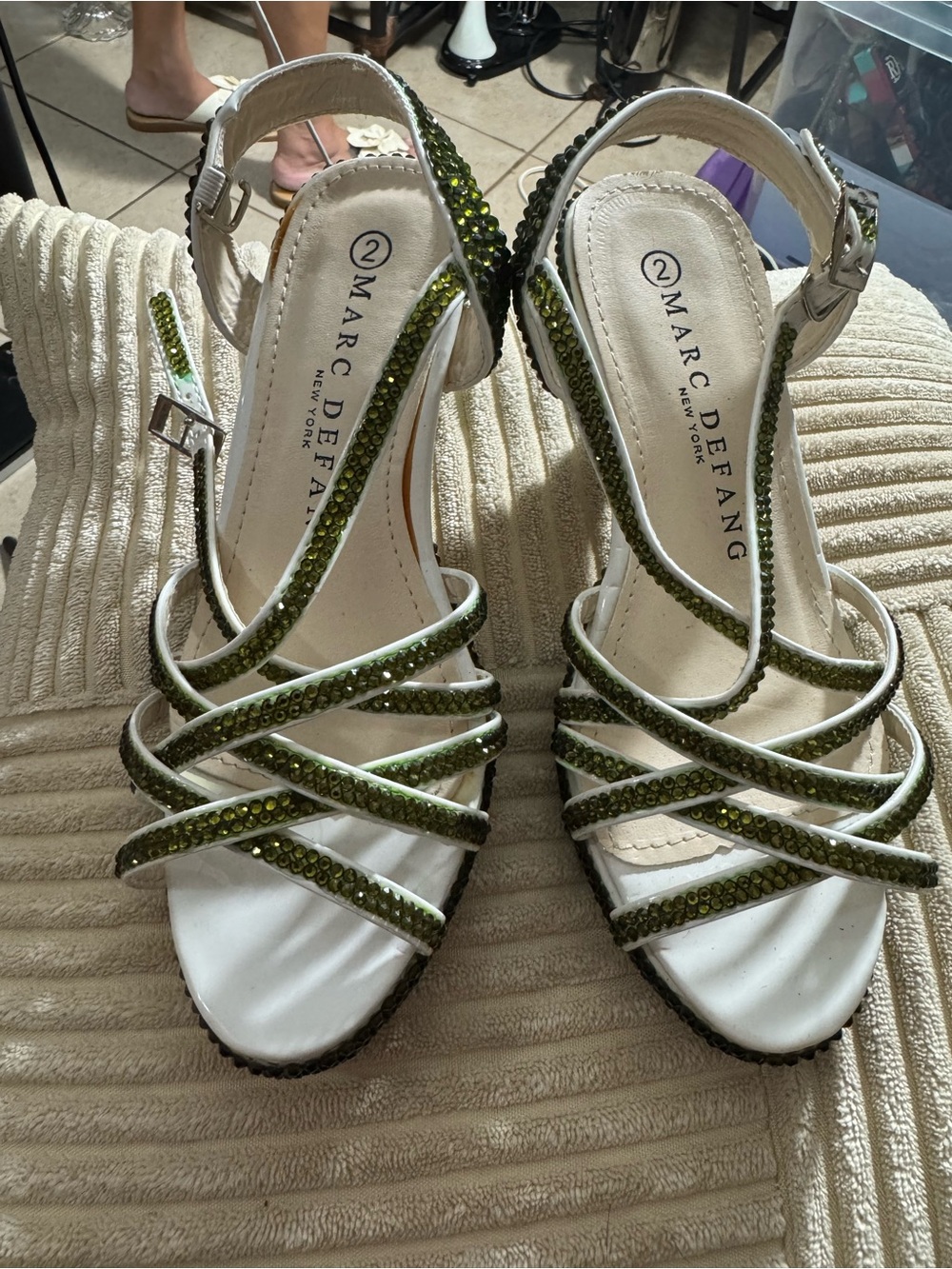 Marc Defang Womenโs Strappy Ankle Strap Rhinestone Stiletto US 2